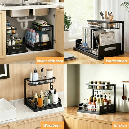 Upgraded Under Sink Organizer, 2 Tier Pull Out Kitchen Cabinet Organizer Metal Slide Out Bathroom Organizers and Storage Makeup Drawer Organizer for Office Bedroom Restroom Livingroom, 1 Pack
