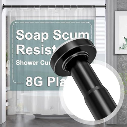 AmazerBath 72 x 72 Inches Plastic Heavy Duty Clear Shower Curtain with 3 Big Stones and 12 Grommets and AmazerBath Black 31-75 Inches Heavy Duty Shower Curtain Rod No Drill Easy Segmented Installation