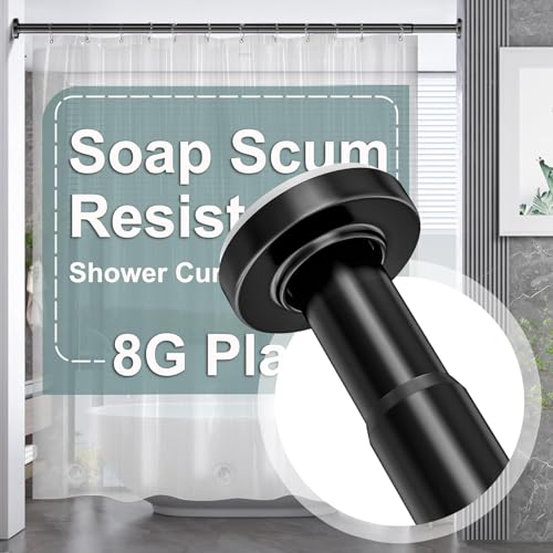AmazerBath 72 x 72 Inches Plastic Heavy Duty Clear Shower Curtain with 3 Big Stones and 12 Grommets and AmazerBath Black 31-75 Inches Heavy Duty Shower Curtain Rod No Drill Easy Segmented Installation