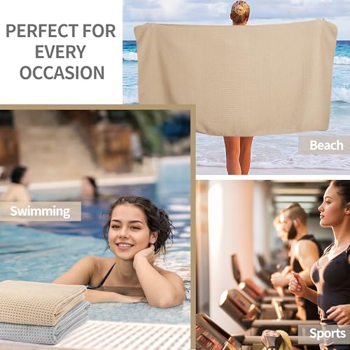MICROFI New Microfiber Waffle Bath Towels, 2 Pieces, Soft, Absorbent, Fast Drying, Lint Free 430 GSM (30''x60''/76cm x 152cm) - color: Beige+silver
