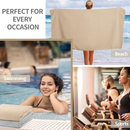 MICROFI New Microfiber Waffle Bath Towels, 2 Pieces, Soft, Absorbent, Fast Drying, Lint Free 430 GSM (30''x60''/76cm x 152cm) - color: Beige+silver