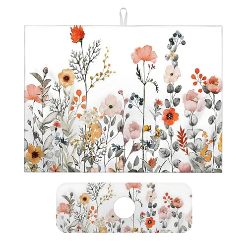 2Pcs Dish Drying Mats Faucet Mats Sets Large Size Coffee Mats Sink Faucet Mat Splash Guard for Kitchen Counter Bathroom Sink Coffee Bar Kitchen Decor (Colorful Wildflowers, 18"x24" 15" x 5.5"Set) - color: Colorful Wildflowers