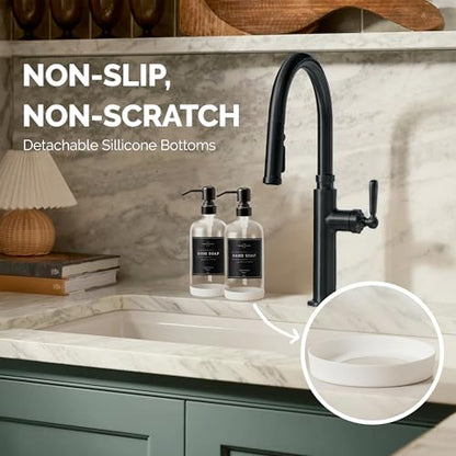 Vine Creations Clear Glass Soap Dispenser, 2 Pack Kitchen Soap Dispenser Set with Stainless Steel Pump, 16 oz Dish Soap and Hand Soap Dispensers for Bathroom with Waterproof Labels - color: Clear Bottle / Matte Black Pump