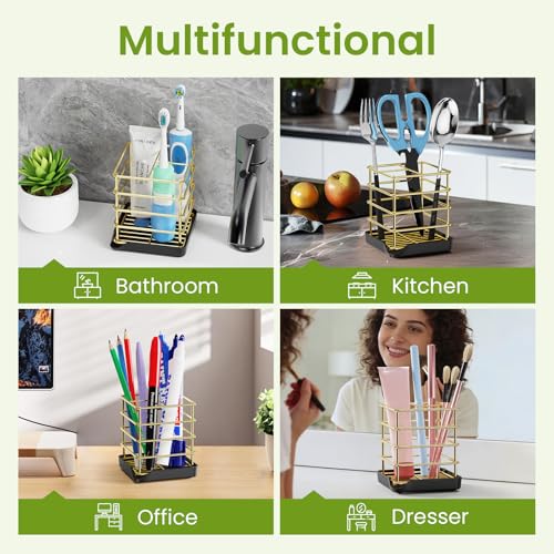 Toothbrush Holders for Bathroom,Gold,Stainless Steel,Detachable,Tray,3 Slot | Easy to Clean,Multifunctional,Kids Electric Toothbrush Organizer,Drainage,Removable,For Bathroom,Vanity,Kitchen Sink,Office - size: Gold
