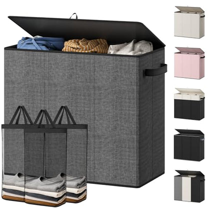 Optish 180L Laundry Hamper 3 Section, Large Laundry Hamper with Lid, Dirty Clothes Hampers with 3 Inner Bags, Laundry Basket Organizer for Laundry, Bedroom, Bathroom, Hamper 3 Compartment, Grey - color: Grey