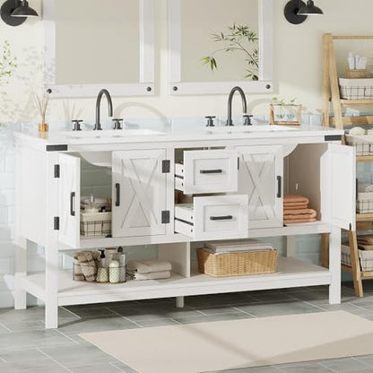 AMERLIFE 60" White Farmhouse Double Sink Bathroom Vanity, Solid White Top | Antique White, Solid White Integrated Top, Moisture-Resistant MDF, 4 X-Panel Doors, 2 Drawers, Open Shelf, Paper Towel Holder - color: Antique White, size: 60”