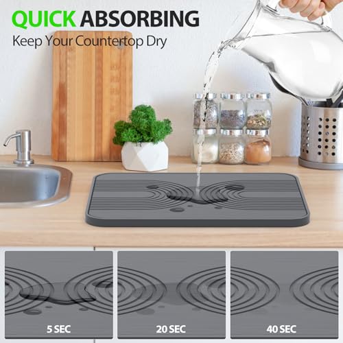 2 PCS Stone Dish Drying Mat ＆ Silicone Mat for Kitchen Counter – Diatomaceous Earth Bath Mat for Bathroom, 16.14"L×12.4"W×2 Quick Dry Mats for Dishes ,Bottles, Cups, Match Any Countertop(Gray) - color: Gray