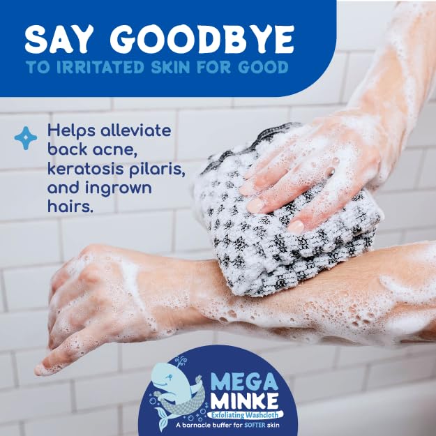 Mega Minke Exfoliating Body Scrubber Washcloth for Shower, Gray | Loofah alternative, 39.5x9 inch wash cloth, dead skin remover for hard-to-reach areas, use in shower and bath, rip-resistant