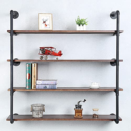 Industrial Pipe Shelves With Wood Planks,Rustic Pipe Shelving Wall Shelf | Metal Pipe Solid Pine Wood,Easy to Assemble,Wooden Board Thickness 0.78 In,For Bar Farmhouse Kitchen Office Bathroom,Bedroom - color: 4-layer, size: 48in