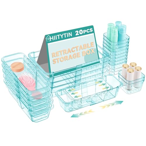 20 Pcs Adjustable Clear Drawer Organizer, Extendable Vanity Storage Bins, Desk Drawer Organizer Set for Makeup, Cosmetics, Bedroom, and Gadgets, Blue - color: Blue, size: 20 Pcs