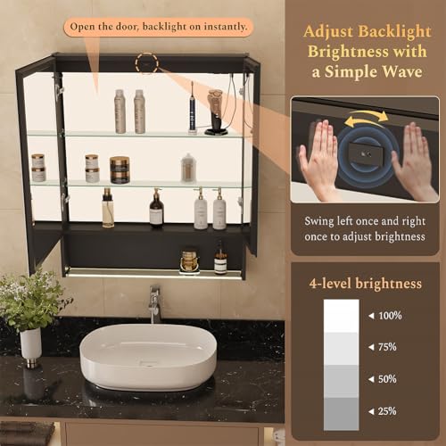 30"×34" LED Lighted Medicine Cabinet with Backlight, Adjustable Brightness 3 Color Temperature Lighting Anti-Fog Mirror 2 Socket & 2 USB Ports & Adjustable Shelf Wall Mounted - color: Backlight - 30"×34"