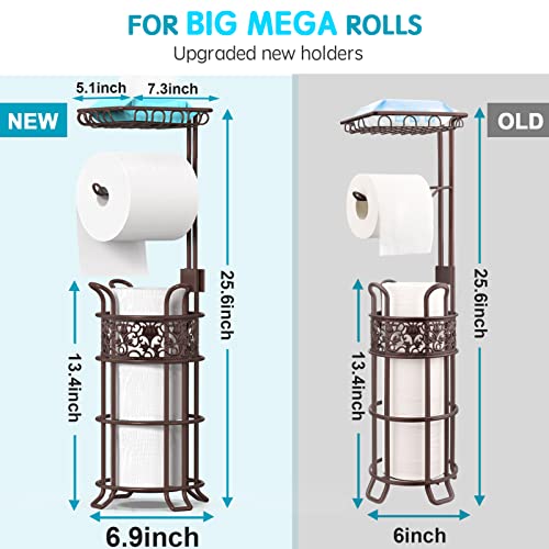 Upgraded Toilet Paper Holder Stand for Bathroom, Holds 3 Big Rolls of Jumbo Mega Paper, Top Shelf for Wipes Tissue, Sturdy Freestanding Paper Roll Dispenser, Floral Pattern, Bronze Red - color: Bronze Red