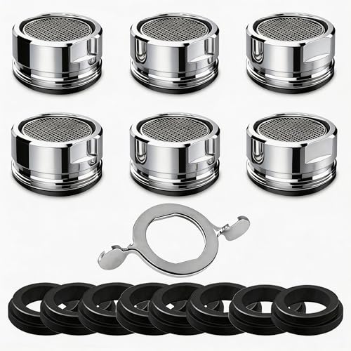 E-TING 6 Pack M24 Male Thread Faucet Aerator Kitchen Sink Replacement | Brass shell 24mm 15/16 inch high flow aerators, equipped with gaskets & wrench, fits bathroom and kitchen sink taps
