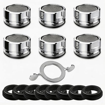 E-TING 6 Pack M24 Male Thread Faucet Aerator Kitchen Sink Replacement | Brass shell 24mm 15/16 inch high flow aerators, equipped with gaskets & wrench, fits bathroom and kitchen sink taps