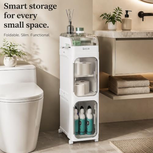 BINSIO 3-Tier Slim Bathroom Storage Cabinet, Rolling Toilet Paper Storage Cabinet with Clear Doors, Narrow Toilet Side Organizer for Small Bathrooms, Rolls, Wipes, Cleaners and Bathroom Essentials - size: 3 Tiers