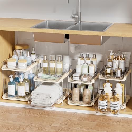 Delamu 2-Tier Multi-Purpose Bathroom Under Sink Organizers and Storage, Stackable Kitchen Pantry Organization, Pull Out Medicine Cabinet Organizer with Movable Dividers, Beige, 4 Pack - color: Beige, size: 4 Pack