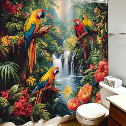 Jungle Parrot Shower Curtain Forest Waterfall Tropical Bird Exotic Floral Rainforest Green Leaves Nature Plant Flower Birds Bathroom Curtains Polyester Fabric Bathtub Decor with Hooks 90 x 70 Inch - size: 90"W x 70"L (Pack of 1)