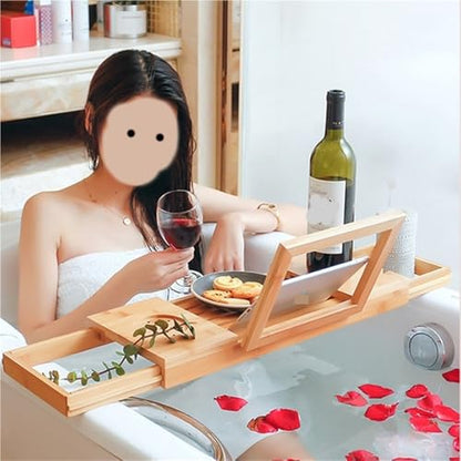 Expandable Bamboo Bathtub Tray with Book Stand, Bathtub Shelf with Wine Glass Holder and Grooves, Adjustable Bath Caddy for Tub Relaxation, Great Bath Caddy for Home Spa