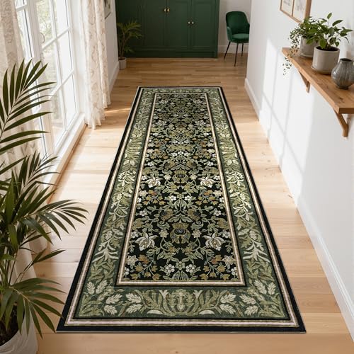GarveeHome Kitchen Runner Rug 2.5x8 Runner Rug Non Slip Washable Runners for Hallways, Boho Vintage Rugs with Rubber Backing Soft Low-Pile Indoor Carpet for Entryway Bedroom Laundry Green Black - color: Green Black, size: 2'6" x 8' (Rectangular)