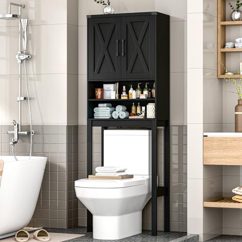 Vabches Over The Toilet Storage Cabinet with Adjustable Shelf, Black | Bathroom Organizer with 2 Barn Doors, Farmhouse Space-Saving Toilet Rack for Bathroom, Toilet, Laundry Room - color: Black, style: Wooden frame