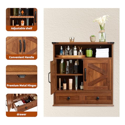 Bathroom Cabinet with Double Barn Doors – Wall Mounted Medicine Cabinet over Toilet with Adjustable Shelf & Drawer, 25" Wide Hangging Storage Cabinet for Bathroom, Kitchen, Laundry, Entryway Brown - color: Brown