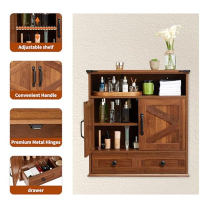 Bathroom Cabinet with Double Barn Doors – Wall Mounted Medicine Cabinet over Toilet with Adjustable Shelf & Drawer, 25" Wide Hangging Storage Cabinet for Bathroom, Kitchen, Laundry, Entryway Brown - color: Brown