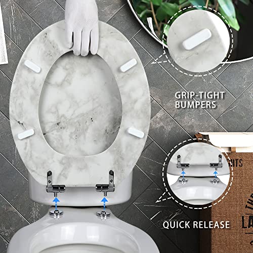 Angel Shield Marble Toilet Seat Durable Molded Wood with Quiet Close,Easy Clean Quick-Release Hinges (Elongated,Gray Marble) - color: Gray Marble-Elongated, size: Elongated-18.5”