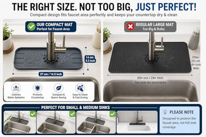 Silicone Sink Splash Guard for Faucet, 2 Pack, 37 x 14 cm, Compact Size for Small Sinks” Water Catcher Mat, Anti-Slip, Quick Dry Kitchen Sink Protector (Black)