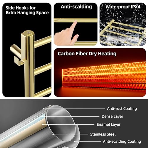 P&Dlusir EL13 Heated Towel Rack, Polished Gold, 5 Bar | Fast Heat in 2 Min, Smart Timer, Thermo Control, Memory Functoion, Stainless Steel, Hard-Wired/Plug-in - color: Polished Gold, size: 21.65"W x 17.72"H