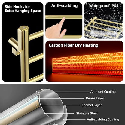 P&Dlusir EL13 Heated Towel Rack, Polished Gold, 5 Bar | Fast Heat in 2 Min, Smart Timer, Thermo Control, Memory Functoion, Stainless Steel, Hard-Wired/Plug-in - color: Polished Gold, size: 21.65"W x 17.72"H