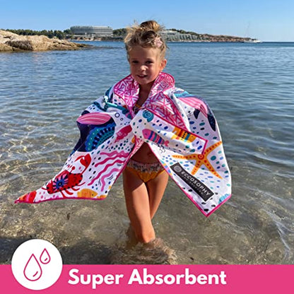 Microfiber Kids Toddler Beach Towel, Quick Dry, Sand Free, 60x30 | Pool towel, ultra-soft, girls and boys, travel pouch, camping travel vacation, toallas playas - color: Under the Sea