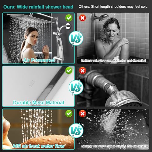 All Metal 12 Inch Rain Shower Head with Handheld Spray Combo, High Pressure Waterfall Rainfall Square Shower Heads with 16" Adjustable Extension Arm, Dual Showerhead with 3-Way Diverter, Chrome - color: Polished Chrome, size: 12 Inch