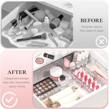 DILIBRA 12 Pcs Clear Extendable Drawer Organizer, Adjustable Drawer Storage | 2-Size Desk Drawer Organizer, Plastic Non-Slip Storage Bins for Makeup Cosmetic Jewelries Utensils Stationery Dressers Tool - size: 4Pcs Large + 8Pcs Medium
