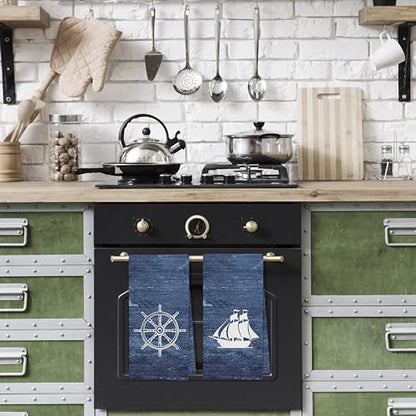 Navy Nautical Dish Towels Set - Navy Nautical Waffle Weave Kitchen Towels, Navy Blue Ocean Themed Hand Tea Towels, Coastal Bathroom Decor (16×24 Inches Set of 4) - color: Nautical D