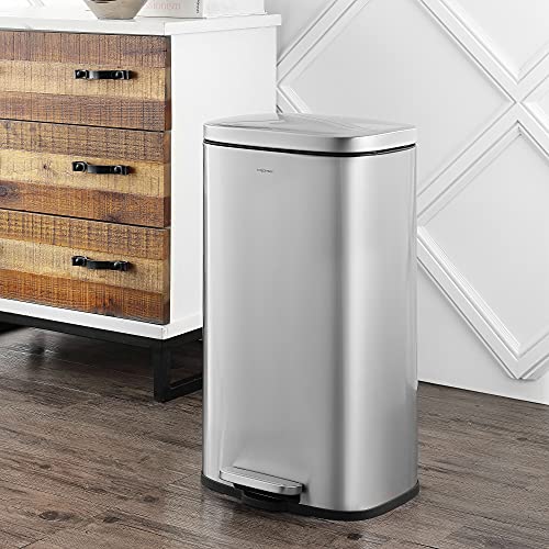 happimess Curtis 8 Gal Step Trash Can Soft Close 25", Platinum Silver | Stainless Steel, Fingerprint Resistant Satin Finish, Removable Liner, Steel Pedal, 20 Trash Bags Included, Kitchen Bin - color: Chrome