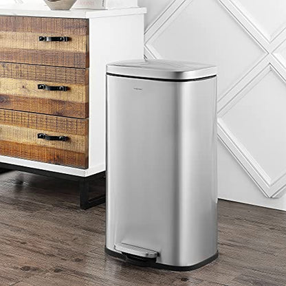 happimess Curtis 8 Gal Step Trash Can Soft Close 25", Platinum Silver | Stainless Steel, Fingerprint Resistant Satin Finish, Removable Liner, Steel Pedal, 20 Trash Bags Included, Kitchen Bin - color: Chrome