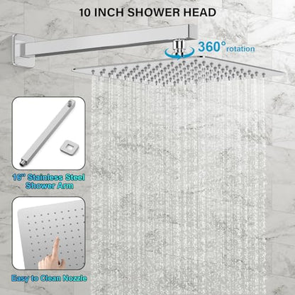 FPXRNG Shower Faucet Set Bathroom Square Rain Shower Head and Handle Set, Wall Mounted Shower Fixtures, Full Metal Trim Repair Kit 10 inch Polished Chrome (With Shower Valve) - color: ‎Polished Chrome, size: 10 Inch Wall Mount Shower Head