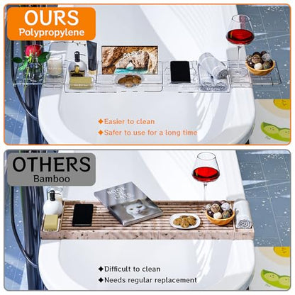 Expandable Bathtub Tray - Lightweight Adjustable Bath Caddy, Spa Organizer with Holder for Phone, Book & Wine Glass (Extra Long)