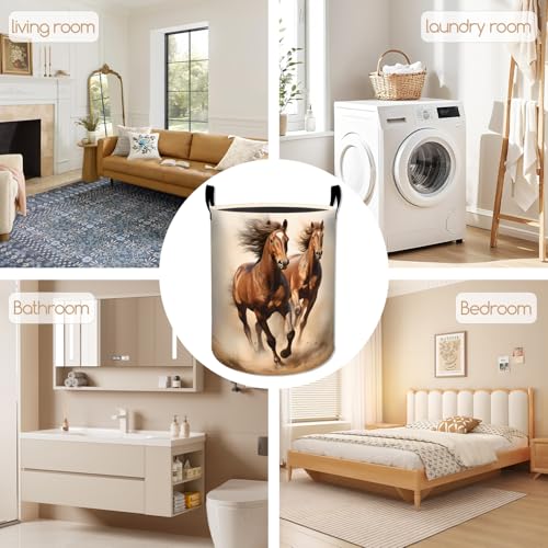 Rustic Horse Laundry Basket, Desert Sunset Foldable Oxford Cloth, Waterproof Dirty Clothes Hamper with Handles, Clothing Storage Bucket Toy Organizer for Bathroom Bedroom Dorm, 19.7"x15.7" - style: Horse