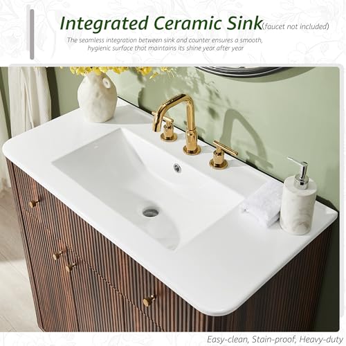 T4TREAM 36" Fluted Bathroom Vanity with Single Sink, Dark Walnut | Integrated Ceramic Sink, Large Storage Cabinet, Adjustable Shelf, 3 Drawers, Three pre-drilled faucet holes, Mid-Century - color: Dark Walnut, size: 36" (Single Sink)