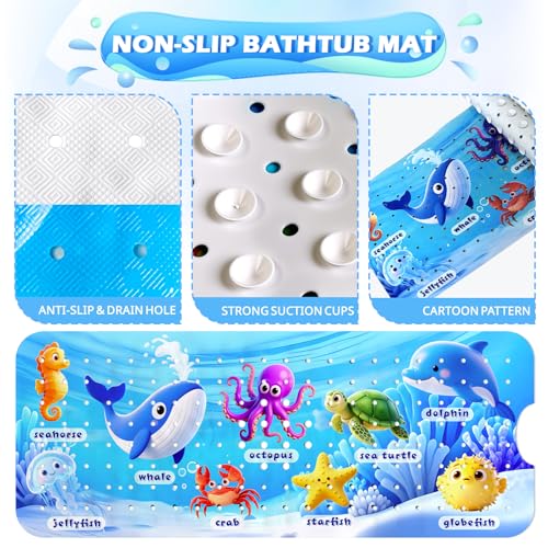 Baby Bath Mat for Tub Non Slip, 40 x 16 Inch with Drain Holes Suction Cups | Ocean animal PVC mat with 200 Suction Cups and 2 hooks, machine washable for clean, smooth, non-textured tubs shower inserts