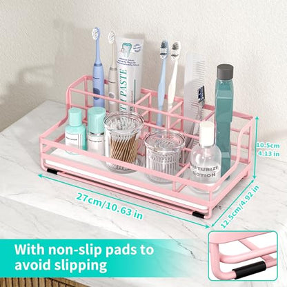 HapiRm Toothbrush Holders for Bathroom - 5 Partitions Bathroom Counter Organizer with Instant Drying Stone, Stainless Steel Countertop Storage Electric Toothbrush Toothpaste Holder - Pink - color: Pink