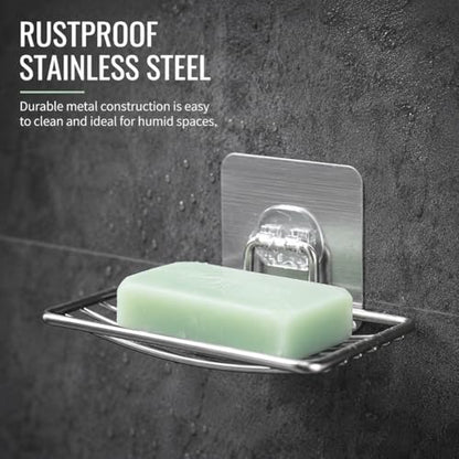 Bar Soap Holder for Shower Wall, Adhesive Stainless Steel Dish with Hooks, Rustproof Saver Tray for Bathroom Kitchen Sink, No Drilling Sponge Razor Storage Caddy, Square Drain Rack