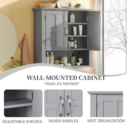Merax Bathroom Wall Cabinet, Medicine Cabinet with 2 Doors Cabinet and Adjustable Shelves, Over The Toilet Storage Cabinet for Bathroom,Grey - color: Grey