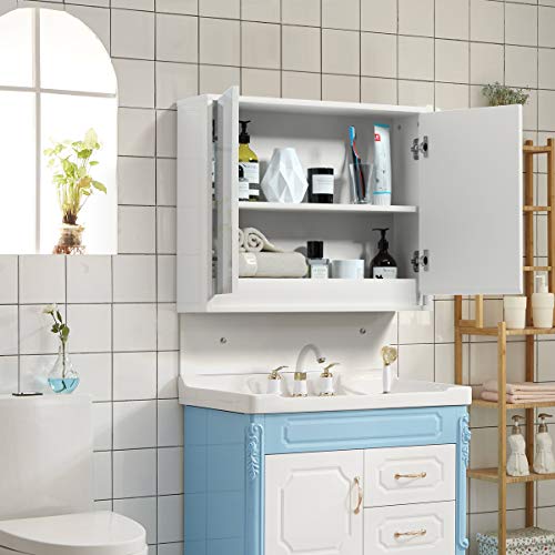 Tangkula Bathroom Medicine Cabinet, 2-Tier Wall-Mounted Storage Cabinet with Double Mirror Doors, Multipurpose Kitchen Bathroom Medicine Storage Cabinet, White (22" x 18") - size: 22 x 18 Inch