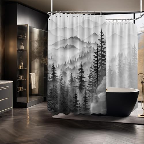 Mountain Shower Curtain Black and White Forest Nature Shower Curtains for Mens Bathroom Charcoal Grey Rustic Woodland Pine Tree Cool Bath Decor Sets, Waterproof Fabric with Hooks, 108x72in - color: Black and White, size: 108"W x 72"L (Pack of 1)