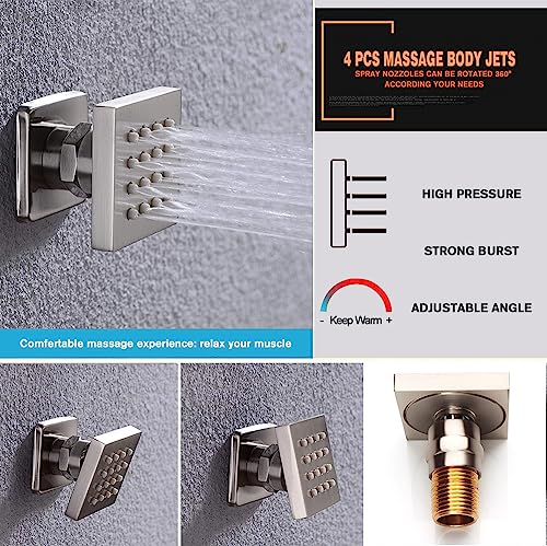 Full Body Shower System Concealed Shower Faucet Set with Body Massage Jets 10 Inch Shower Head Trim Kit 3 Function Wall Mount High Pressure for Bathroom - color: Brushed Nickel, style: 10"- 3 Function