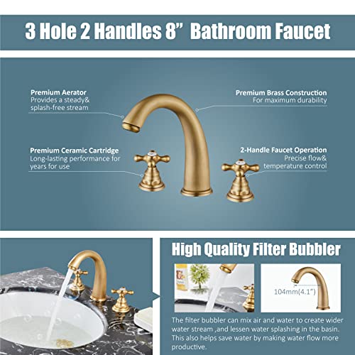 Widespread Bathroom Faucet 3 Hole Sink Faucet 8 Inch Two Cross Handles Solid Brass Deck Mount Pop Up Drain Assembly Included Curved Spout Antique Brass - color: Antique Brass