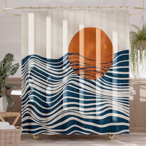 AmazerBath Boho Shower Curtain, 72x72 Washable Cloth Navy Sea and Sunset Shower Curtain with 12 Hooks, Fabric Rustic Shower Curtain Set, Farmhouse Modern Tan Shower Curtains for Bathroom Camper RV - color: B- Art Sunset+12 Metal Hooks, size: 72"W x 72"L (