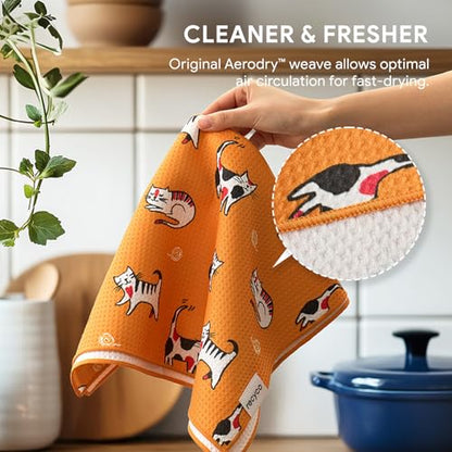 RECYCO Waffle Kitchen Towel Set of 2 - Quick Dry Microfiber Sustainable Dish Towels - Ultra Absorbent Reusable Cleaning Tea Towels - Lightweight Hand Towels,16”x 28”, Cuddly Cats - color: Cuddly Cats